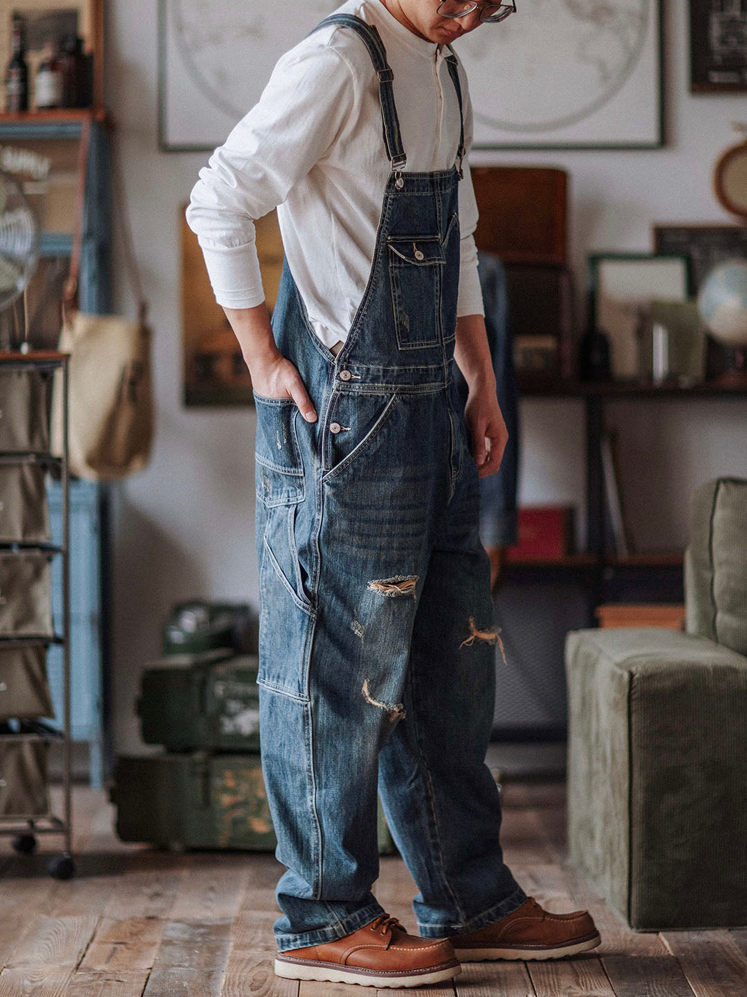 Julien™ | Pantalón de tirantes azul desgastado retro