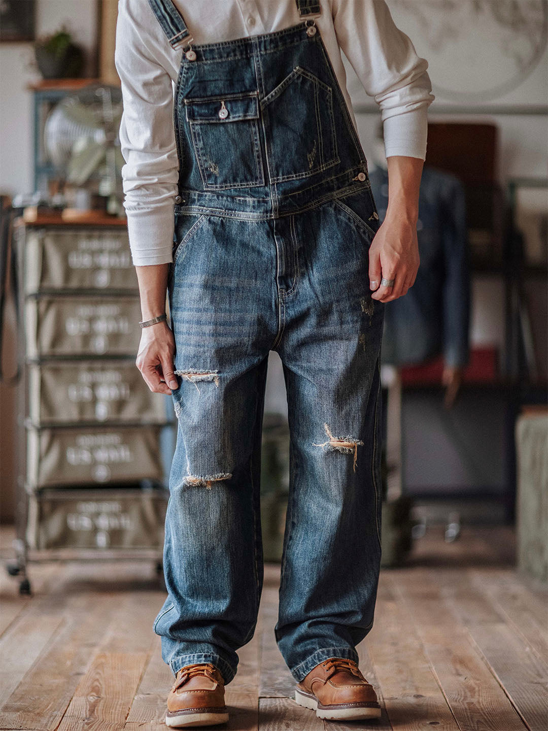 Julien™ | Pantalón de tirantes azul desgastado retro